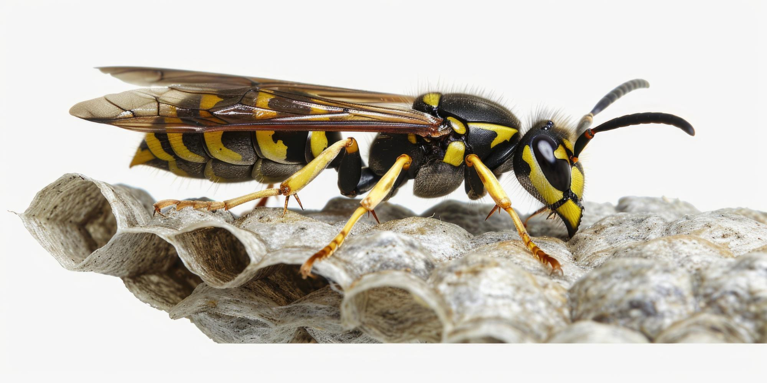 Guêpe sur son nid en gros plan Gros plan d’une guêpe posée sur un nid en papier, illustrant un risque d’infestation nécessitant une intervention de désinsectisation.