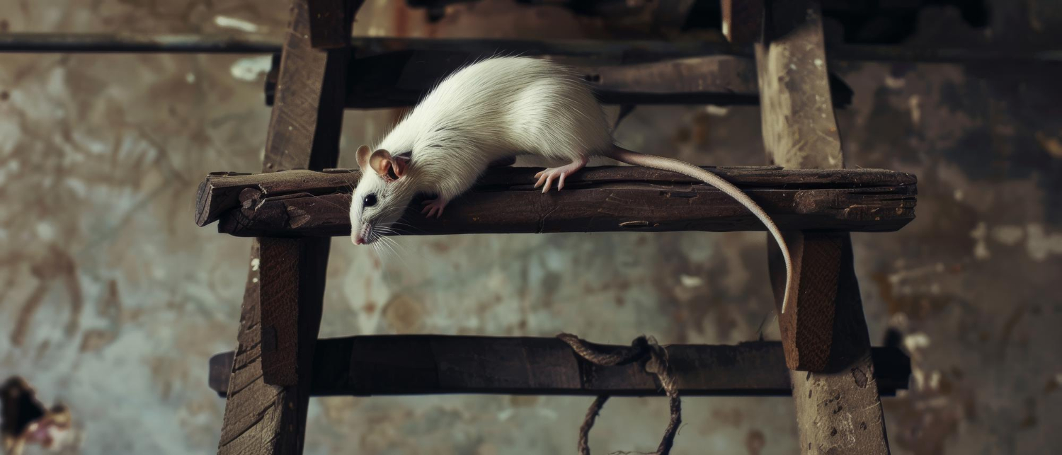 Gros plan d’un rat blanc se déplaçant sur une vieille échelle en bois, illustrant un risque d’infestation nécessitant une dératisation.