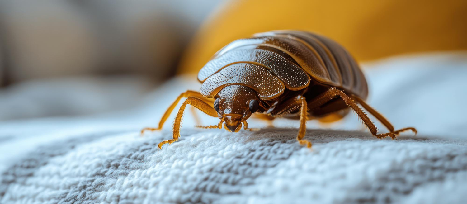 Punaise de lit sur textile en gros plan Photographie macro d’une punaise de lit se déplaçant sur un tissu, illustrant une infestation potentielle dans un intérieur.