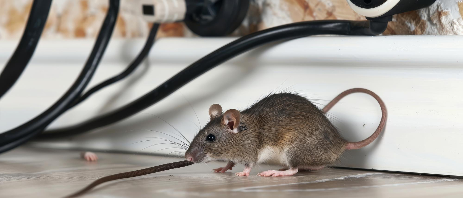 Gros plan d’un rat se déplaçant le long d’un mur près de câbles électriques, illustrant les risques d’infestation et de dégradations.